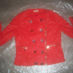 womens leather jacket.red. biker.zipper front. faux button accents.size medium